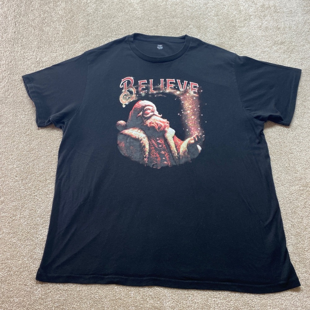 Holiday Time Shirt‎ Mens 3XL 54-56 Black Believe Santa Graphic Tee